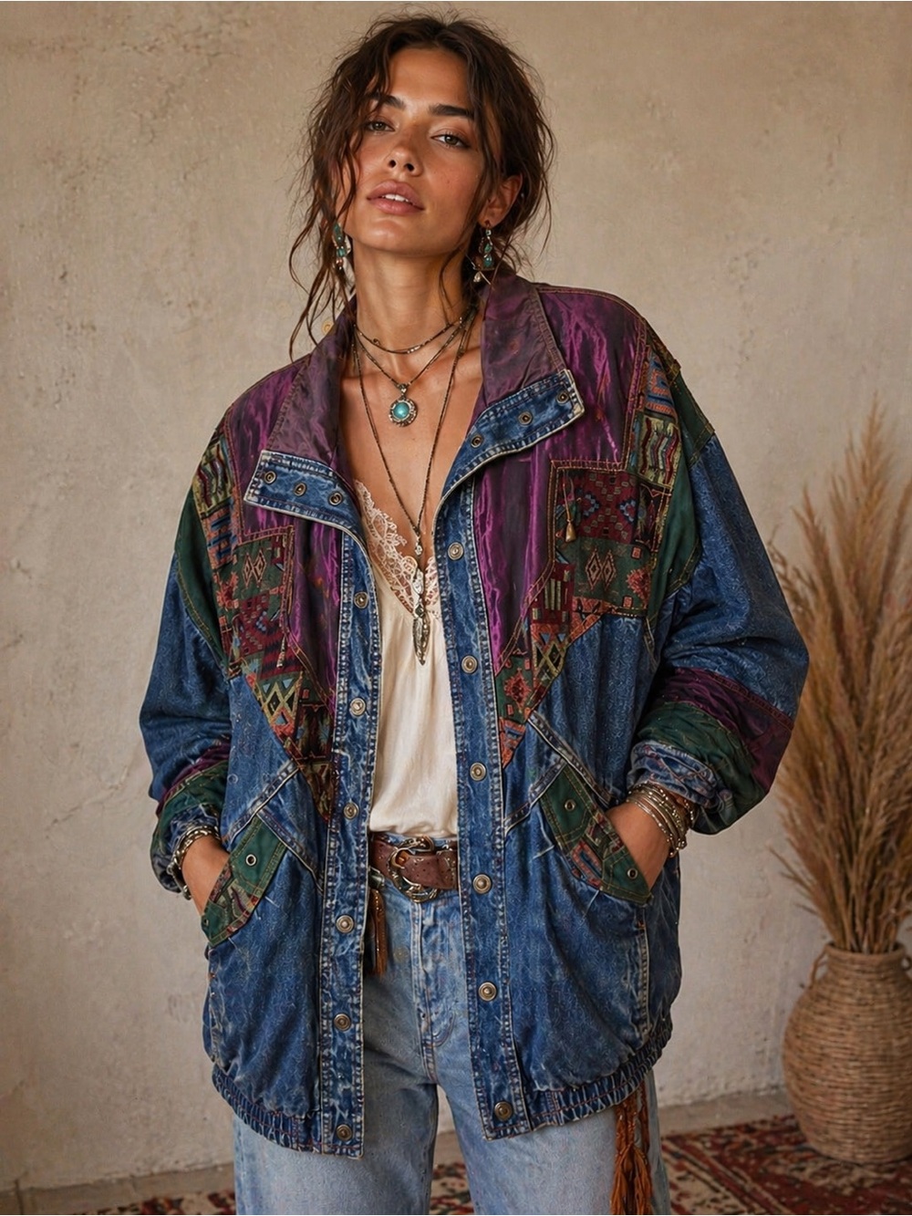 Vintage 90s Current Seen Denim Jacket Size M Baggy Aztec Southwestern Trim